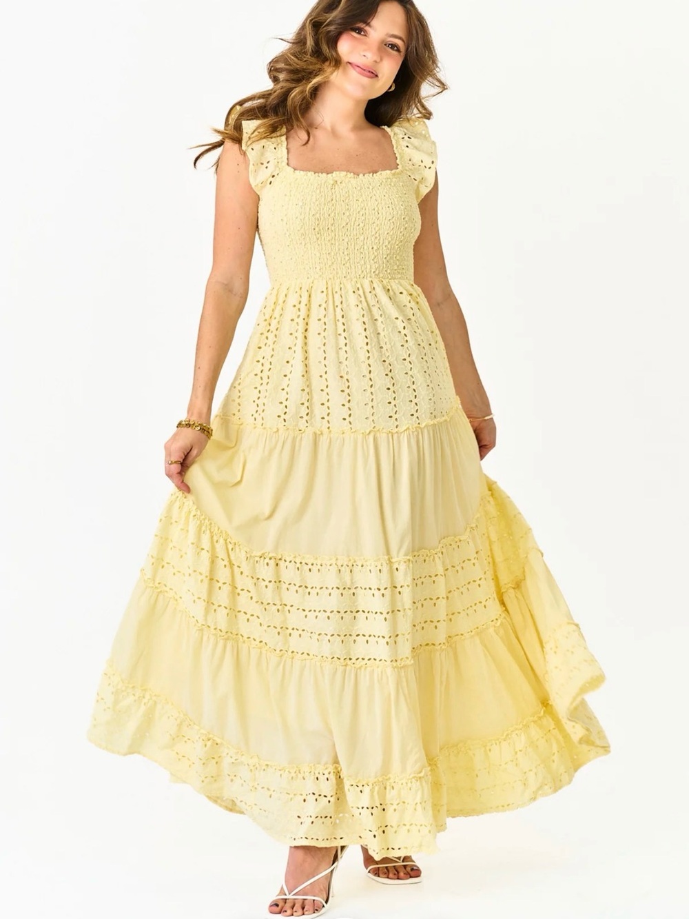 Smocked Square-Neck Maxi Dress in Pale Yellow